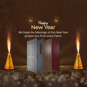 New Year greeting with fireworks and a door representing new beginnings.