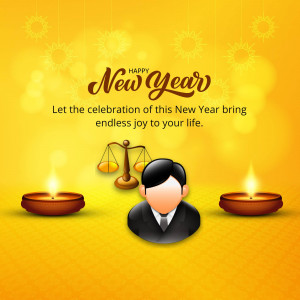 New Year greeting with legal symbols and celebratory elements