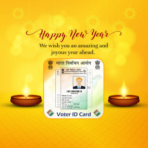 New Year greeting with an Indian Voter ID card and festive decorations.