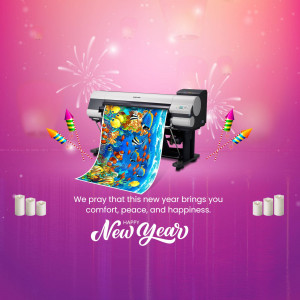 Printer displaying a New Year themed banner with fireworks and candles
