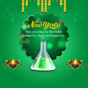 New Year greeting with a science theme, featuring a flask and festive decorations.