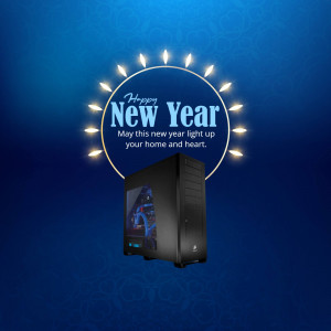 New Year promotion featuring a computer tower and festive lights.