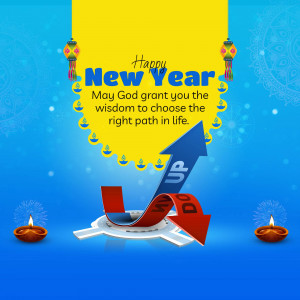 New Year greeting with an arrow pointing up and traditional oil lamps.