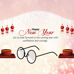 New Year greeting with glasses, candles, and lanterns