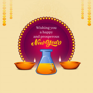 New Year greeting with a science flask and traditional decorations