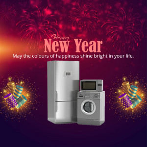 New Year promotion featuring appliances with fireworks background