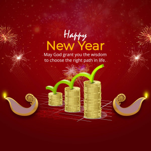 New Year greeting with coins growing like plants and traditional oil lamps.