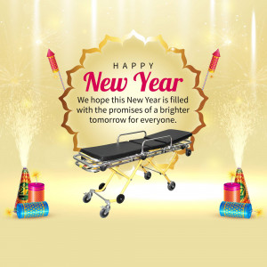 New Year greeting with an ambulance in a festive setting