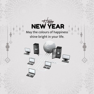 New Year greeting with digital devices and a globe