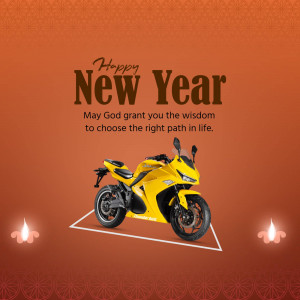 Yellow motorcycle with New Year greeting