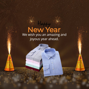 New Year greeting with folded shirts and fireworks