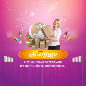 Woman with boxes and a globe with fireworks, wishing a Happy New Year.