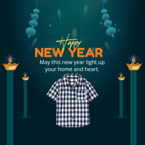 Happy New Year greeting with a checkered shirt and traditional oil lamps