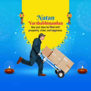 Image depicting a delivery person with boxes and festive decorations for Nutan Varshabhinandan.