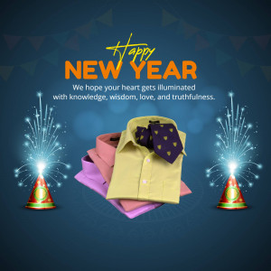 New Year greeting with clothing and fireworks