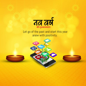 New Year greeting with smartphone and Diwali lamps