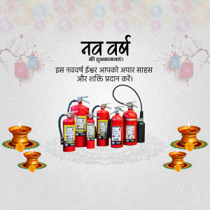 New Year greeting with fire extinguishers and diyas