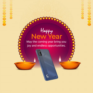 Happy New Year promotional image featuring a smartphone and festive decorations.