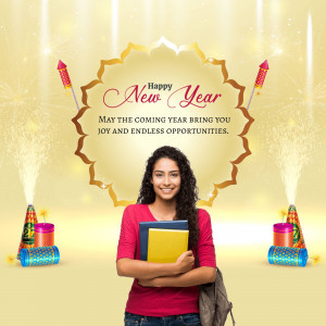 A young woman celebrating New Year with fireworks and books.