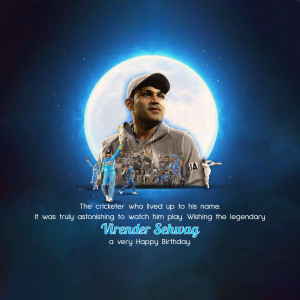 Virender Sehwag portrait with a cricket theme and birthday wishes