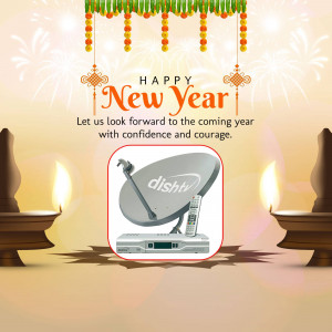 DishTV New Year promotion with satellite dish and traditional decorations