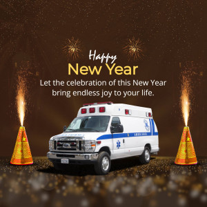 An ambulance with New Year decorations and fireworks.