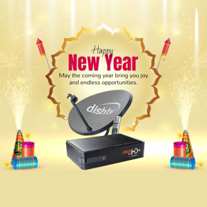 DishTV New Year promotion with satellite dish and fireworks