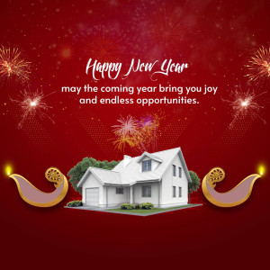 New Year greeting with a house and fireworks