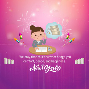 Illustration of a woman stressed about finances during New Year celebrations.