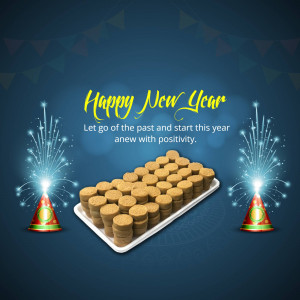 New Year celebration with sweets, fireworks, and party hats