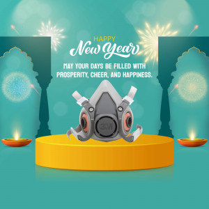 New Year greeting with a gas mask and traditional Indian decorations
