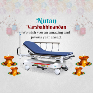 Image with a hospital stretcher, candles, and New Year greetings in Hindi and English.
