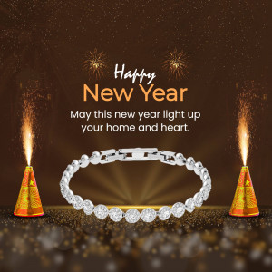 New Year greeting with a diamond bracelet and celebratory lights.