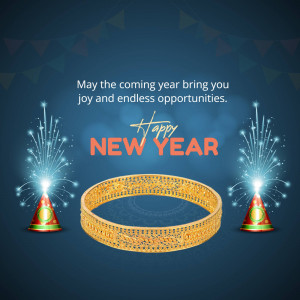 New Year greeting with a golden bracelet and fireworks