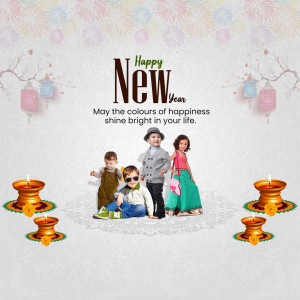 Happy New Year greeting with children and festive decorations