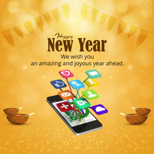 New Year greeting with smartphone and app icons