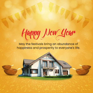 New Year greeting with a house and festive decorations