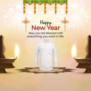 New Year greeting with diya lamps, festive decorations, and a white shirt.