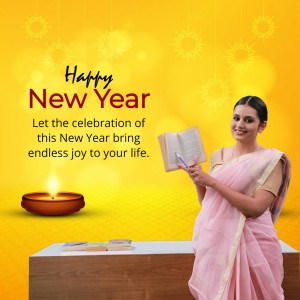 Woman in saree reading a book with New Year decorations