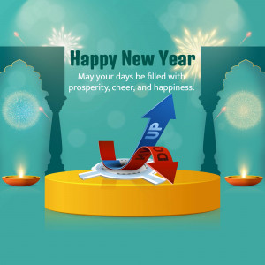 Happy New Year graphic with an upward arrow and traditional Indian elements.