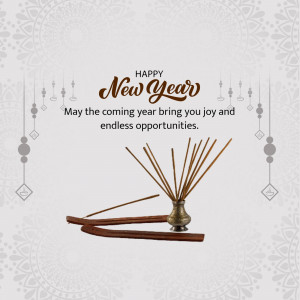 New Year greeting card with incense sticks and a festive message.
