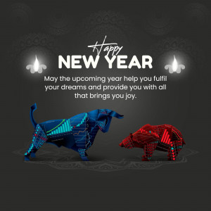 New Year greeting with a bull and bear market illustration.