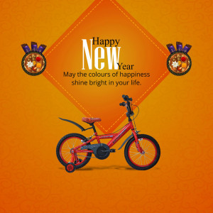 A red bicycle with New Year decorations and a festive message.