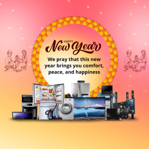 New Year promotional image featuring appliances and a festive garland.
