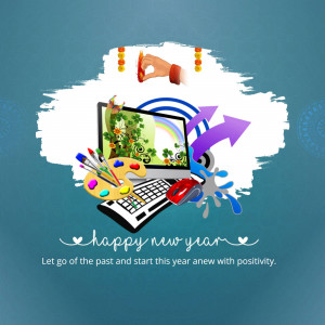 Illustration of a laptop with art supplies and a festive New Year theme.