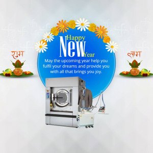 New Year greeting with a washing machine and festive decorations