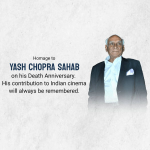 Portrait of Yash Chopra with text commemorating his death anniversary and contribution to Indian cinema.