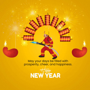 Illustration of a firefighter lighting firecrackers with a New Year greeting.
