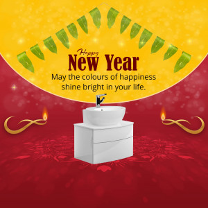 New Year promotion featuring a bathroom sink and festive decorations.