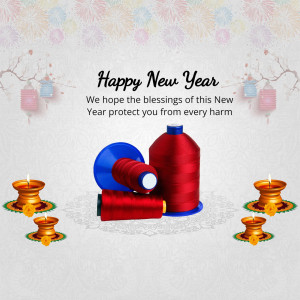 New Year greeting with thread spools, diyas, and lanterns